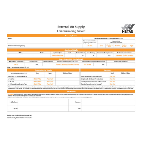External Air Supply Commissioning Record (pad of 10)